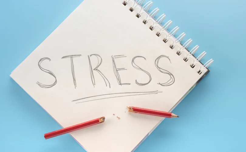 Un carnet à spirale avec le mot "STRESS" écrit en grandes lettres, accompagné d'un crayon rouge cassé, symbolisant le stress et la tension.