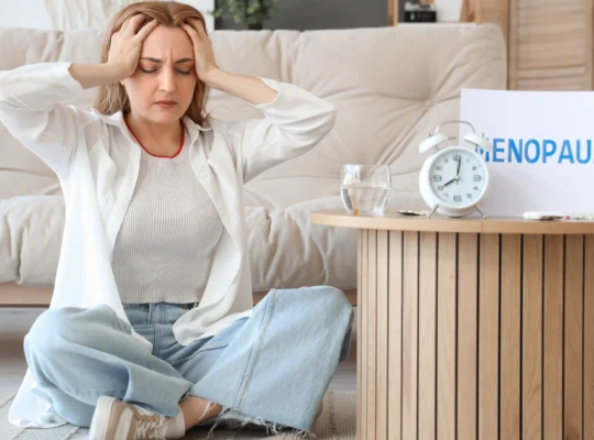 Texte alternatif pour l'image : Une femme assise sur le sol, semblant stressée et tenant sa tête avec ses mains, à côté d'une table basse sur laquelle se trouve une horloge et un panneau avec l'inscription "MENOPAUSE".