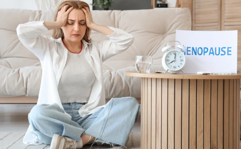 Texte alternatif pour l'image : Une femme assise sur le sol, semblant stressée et tenant sa tête avec ses mains, à côté d'une table basse sur laquelle se trouve une horloge et un panneau avec l'inscription "MENOPAUSE".